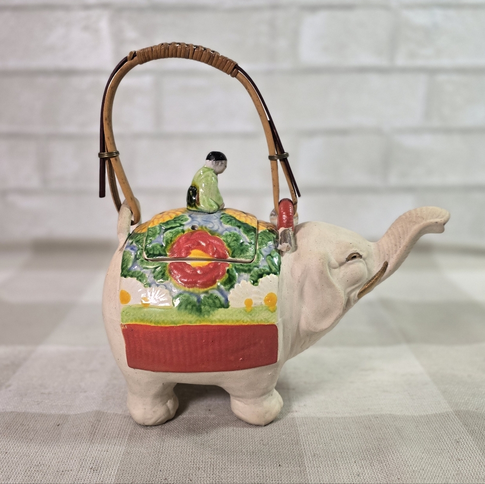 SOLD Vintage Lucky Elephant Teapot w/ Rider Colorful Floral Bamboo Handle 1920s